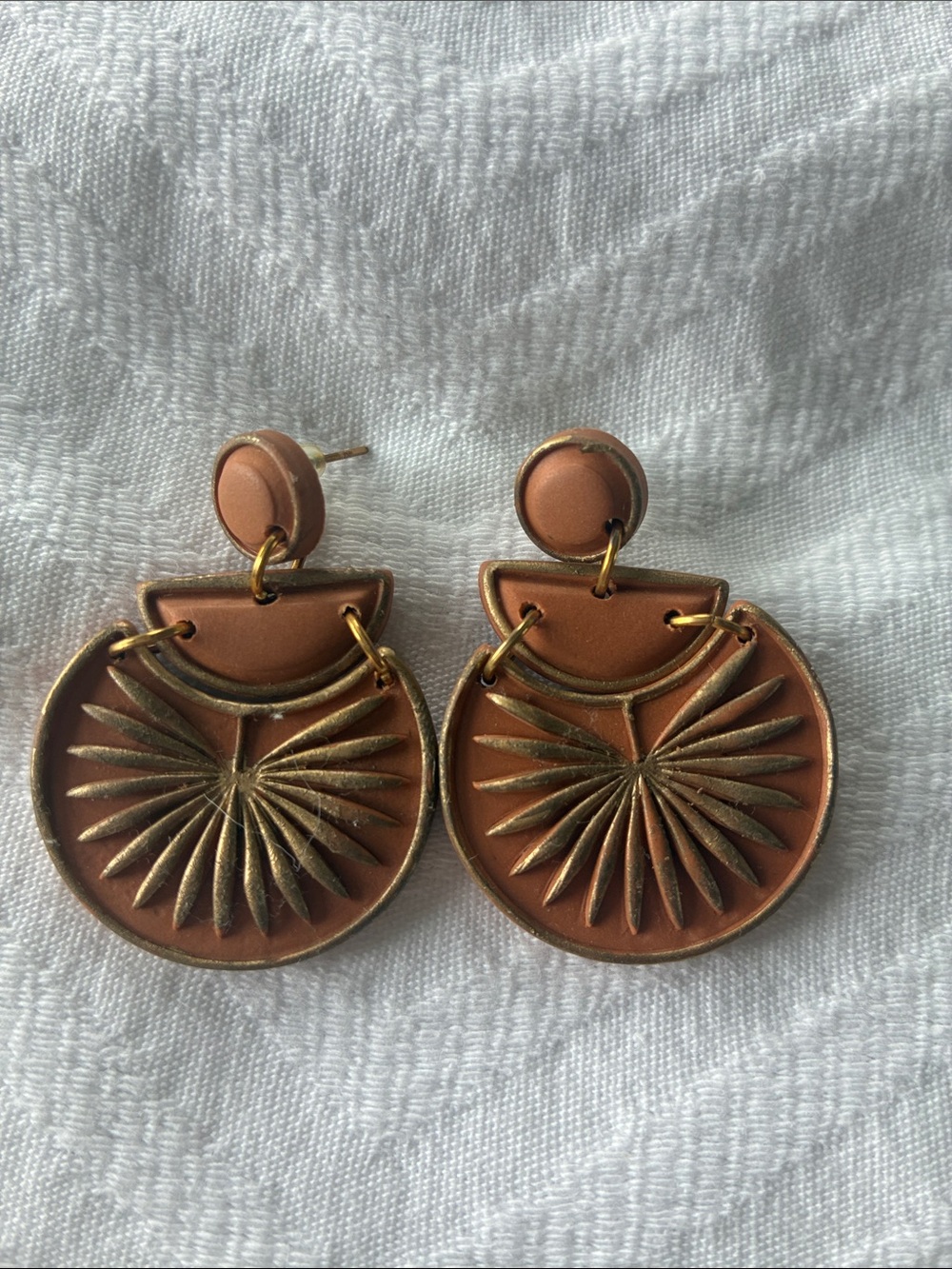 Handmade Copper-Tone Palm Fan Drop Clay Earrings - Women Jewelry
